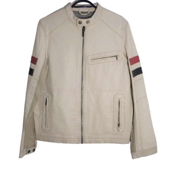 Springfield Men's Motorcycle White Stripe Biker Leather Jacket White Size Eur M - Picture 1 of 5
